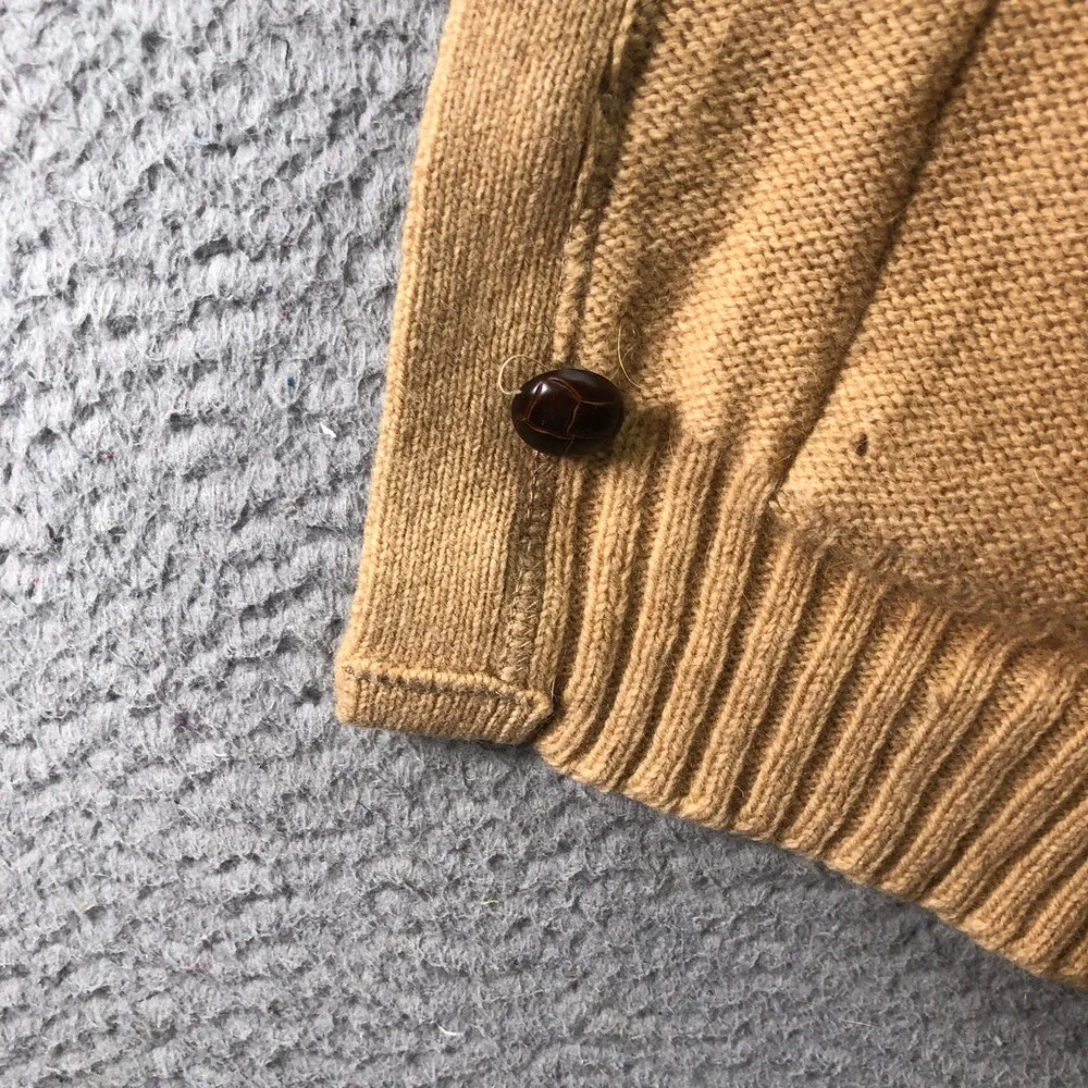 VTG LL Bean Sweater Vest Men Small Virgin Wool Camel Leather Button Cardigan USA